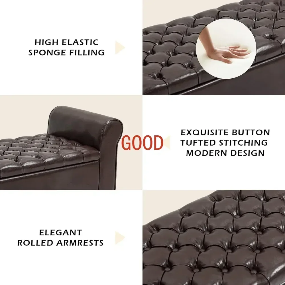 Brown Ottoman, Living Room Storage Space, Leather Upholstered Bench, Bedroom Roll Up Arm Footstool19.6