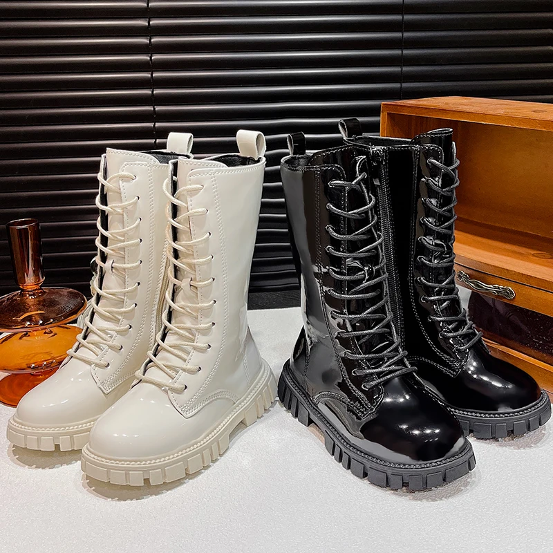 

Children's Fleece Lined Fashion Mid-calf Boots Beige Black Lace-Up Warm Winter Classic Bright Girl's Leather Boot Kids Shoes
