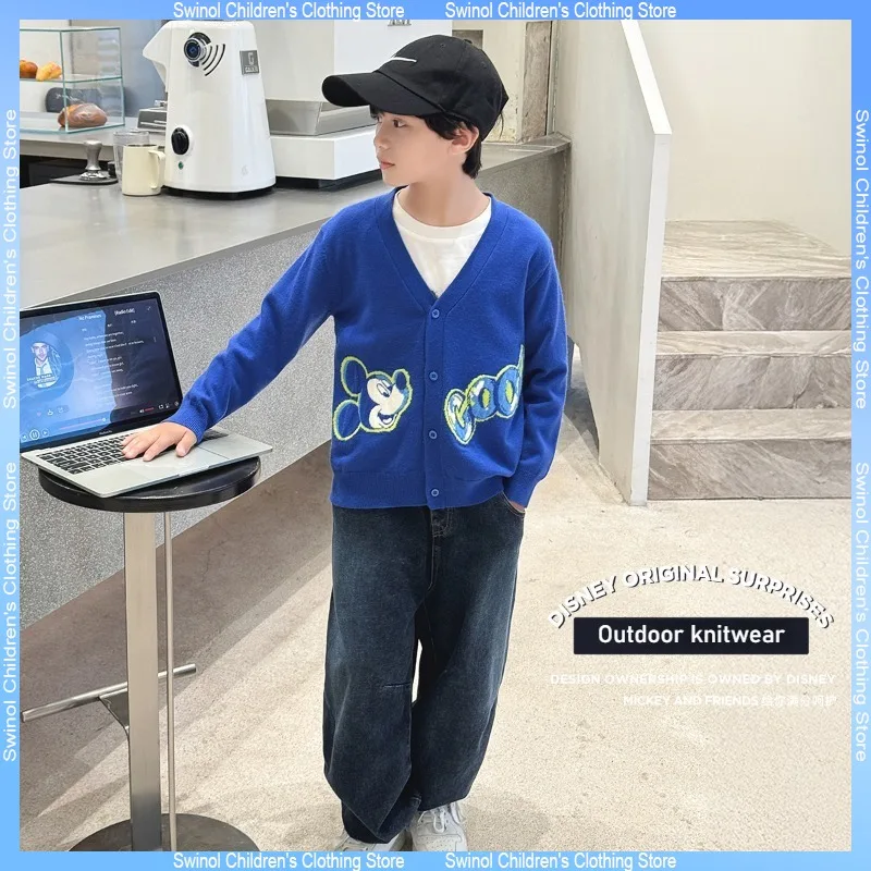 Disney Mickey Boys Knit Cardigan Printed Sweater Spring and Autumn Style Blue Sweater Coat Casual Fashion Top Children Clothing