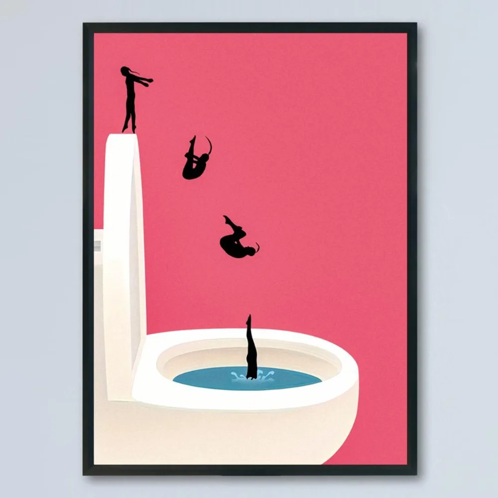 1 Piece of Frameless Retro Pink Bathroom Wall Decor,Girl Jumping Into The Toilet Poster-fun,Fashionable Artistic Aesthetics