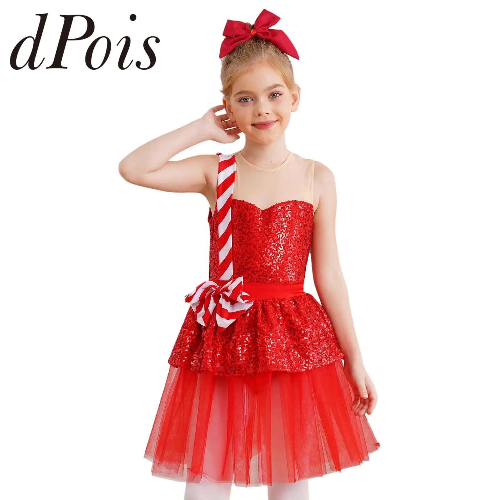 Girl New Year Dress Sequins Stripes Ballet Tutu Dress Carnival Party Candy Cane Christmas Costume Holiday Performance Costume