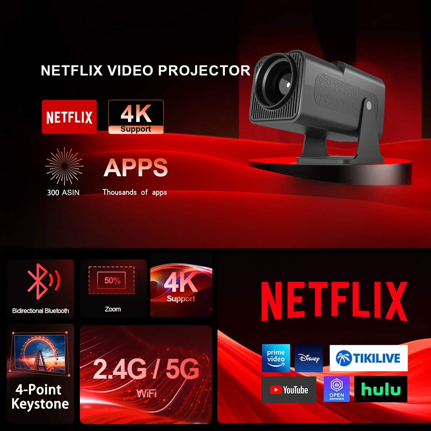 Y6S 300ANSI proyektor film rumah Android 12, proyektor portabel luar ruangan bioskop BT5.0 Wifi6 ganda