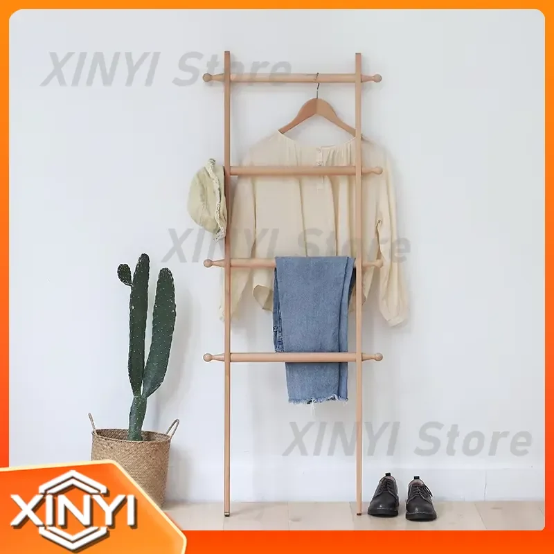 Bedside Ladder Hanger for Bedroom Living Room Bathroom Office Two-Tier Floor-to-Ceiling Nordic Solid Wood Coat Rack Wall