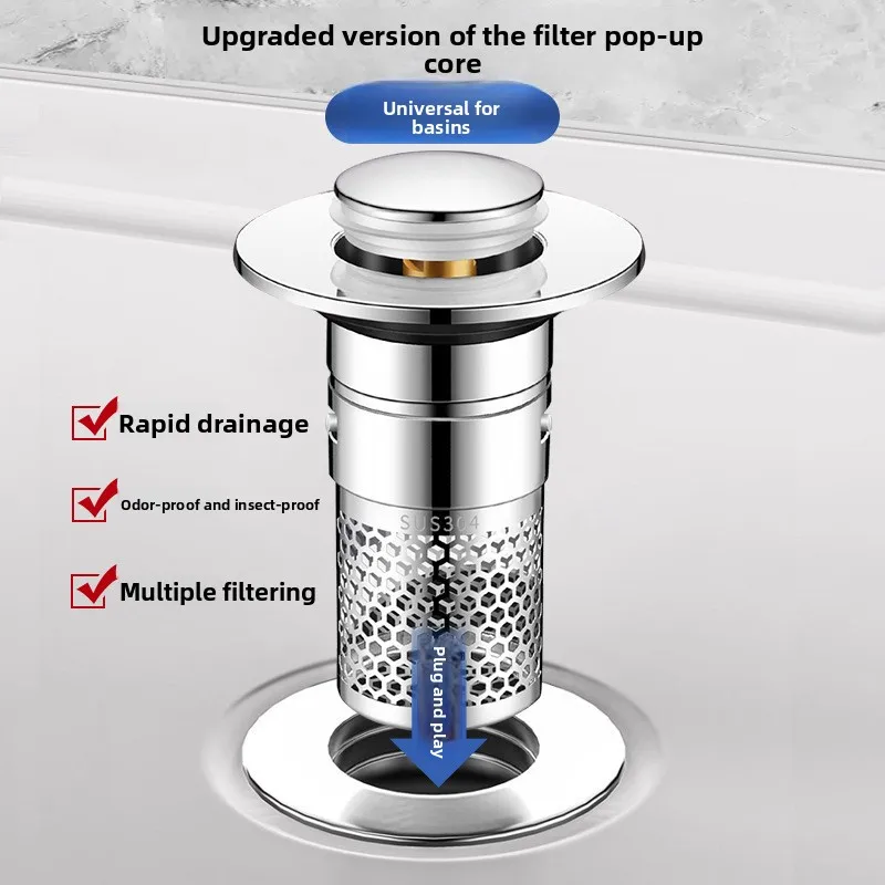 Sink Drain Stopper, Press Pop‑up Sink Filter Strainer, Brass Pop‑up Core, Anti‑Odor Insect‑Proof Basin Drain for Bathroom Sink