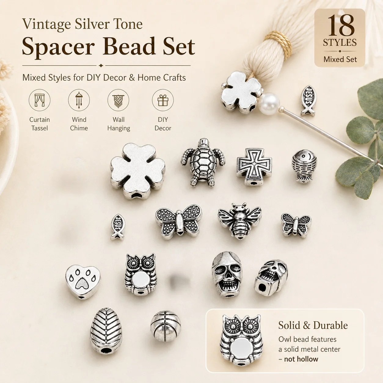 10Pcs Vintage Silvery Metal Spacer Beads ball Turtle Beads For Curtain Wind Chime Tassel DIY Home Decor Craft Accessories