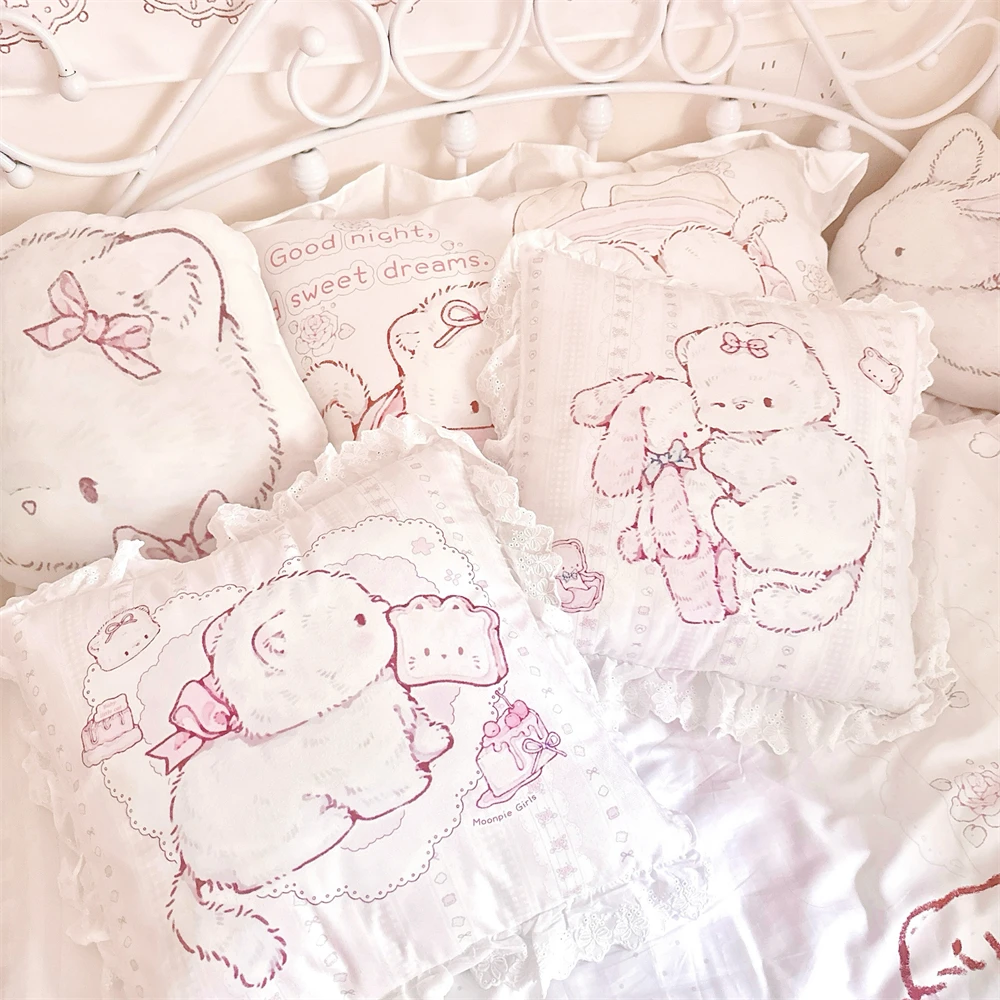 Cute Cat Printed Pillow Series Bedroom Dormitory Pillow Lace Square Double Sided Pattern Home Decoration Detachable Pillow