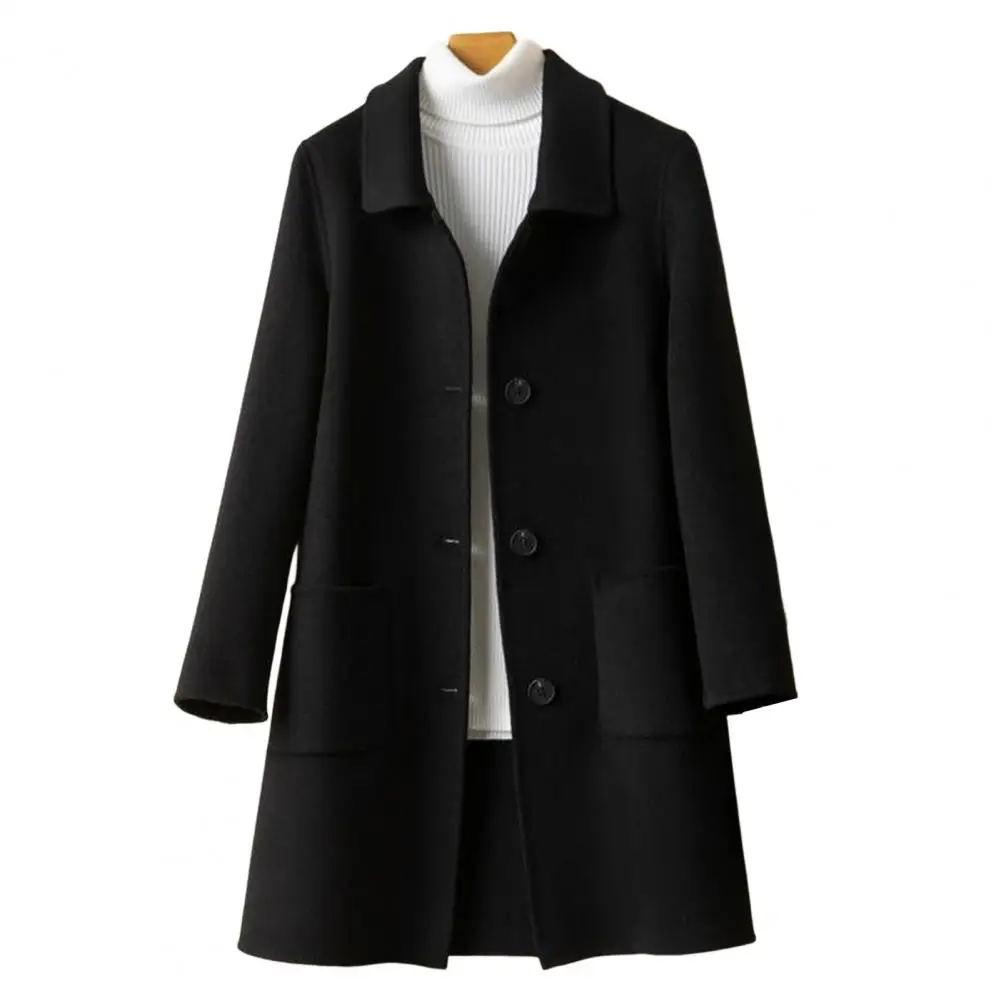 Woolen Coat Lapel Long Sleeves Pockets Thickened Warm Women Coat Autumn Winter Buttons Placket Double-sided Woolen Outerwear