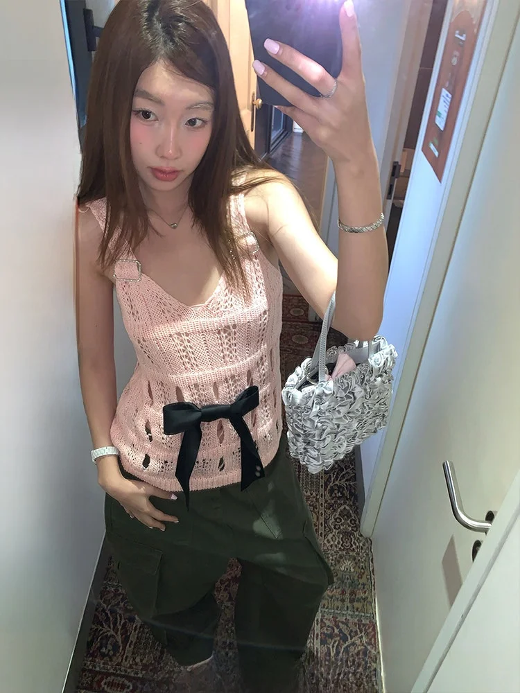 

Ranwear Heavyweight Knitted Hollow out Hook Flower Design Knot Waist Cinching Vest Women's Fashion Commute Style Sw...