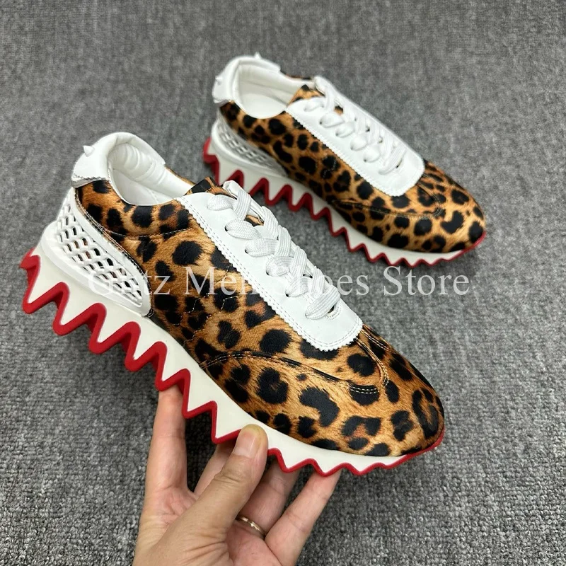 New Leopard Print Rivet Men's Shoes Sneaker Shark Teeth Shaped Casual Shoes Lace-Up Men Shoes Comfort Slip-on Spring Shoes