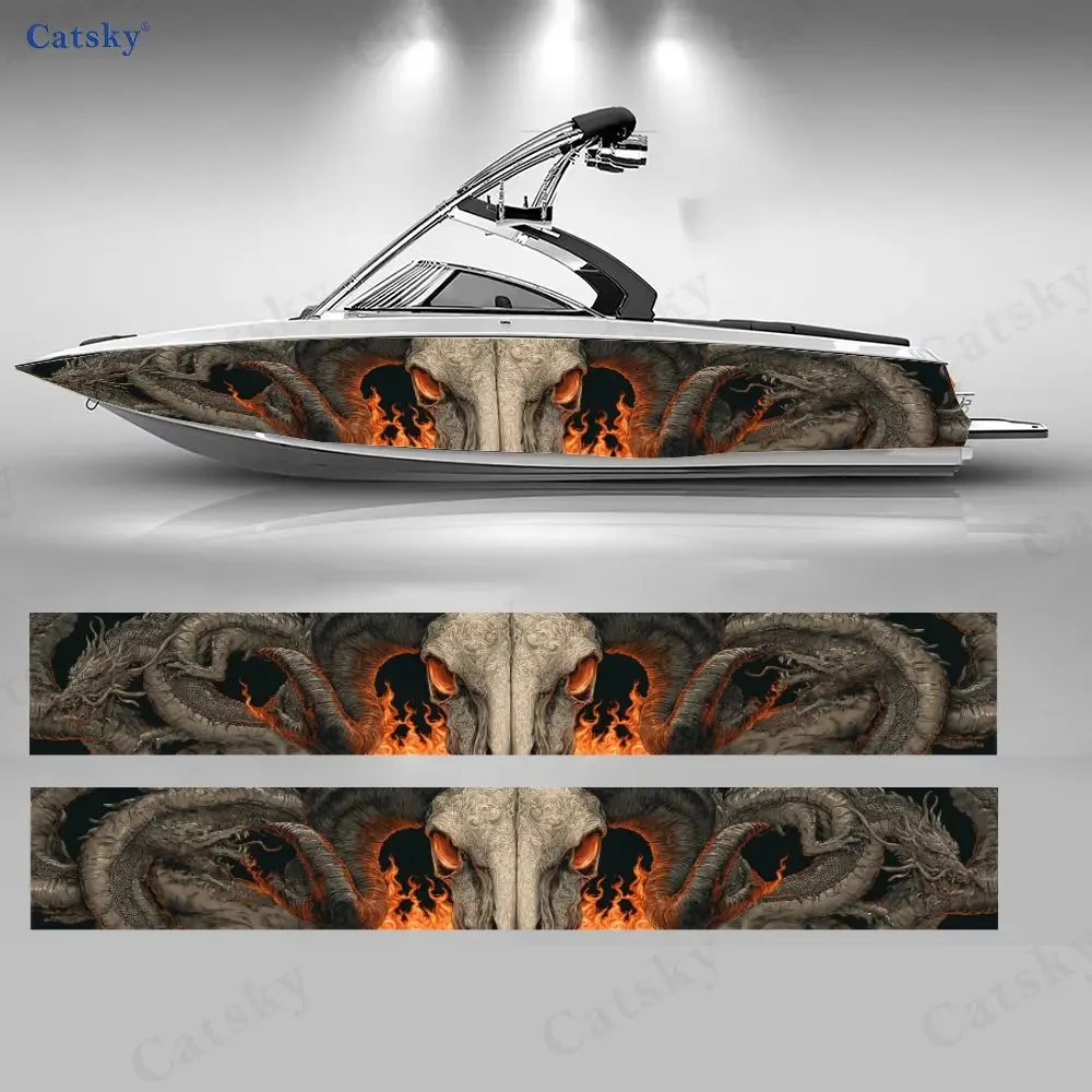 2PcsDark Flame Demon Remains Boat Sticker, PVC Waterproof Durable Vinyl Wrap Decals for Fishing Boat, Durable and Stylish Design