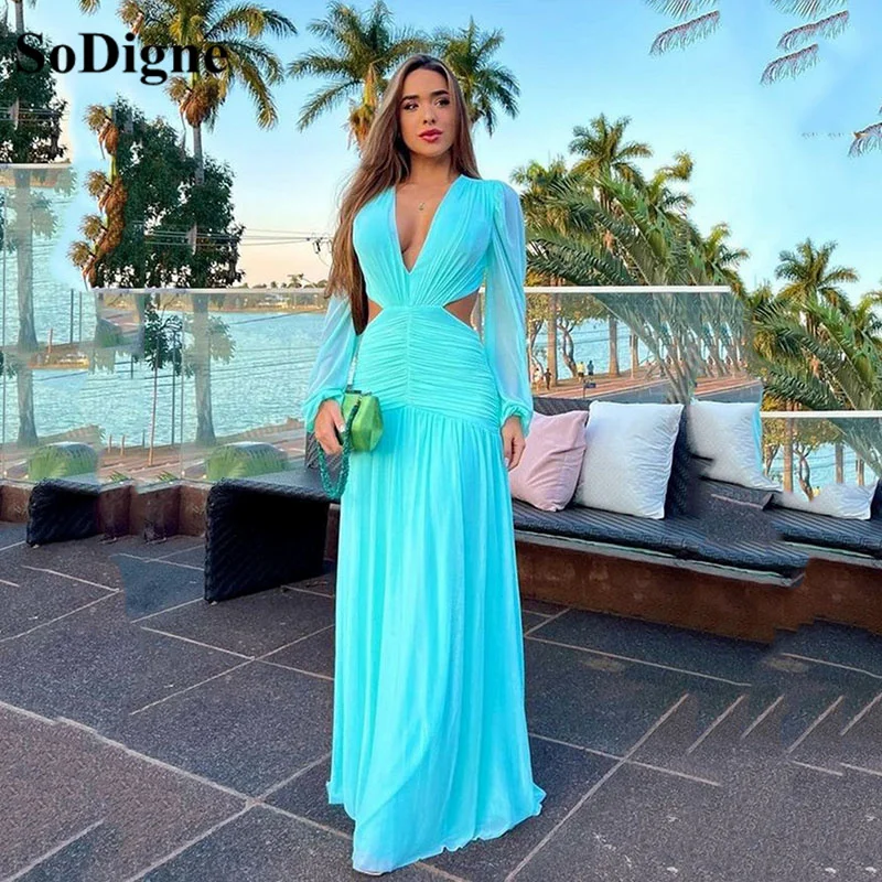 SoDigne Sky Blue Long Sleeves Dresses For Women Party Wedding Evening Gowns V Neck Pleat Beach Formal Occasion Dress Gala 2023