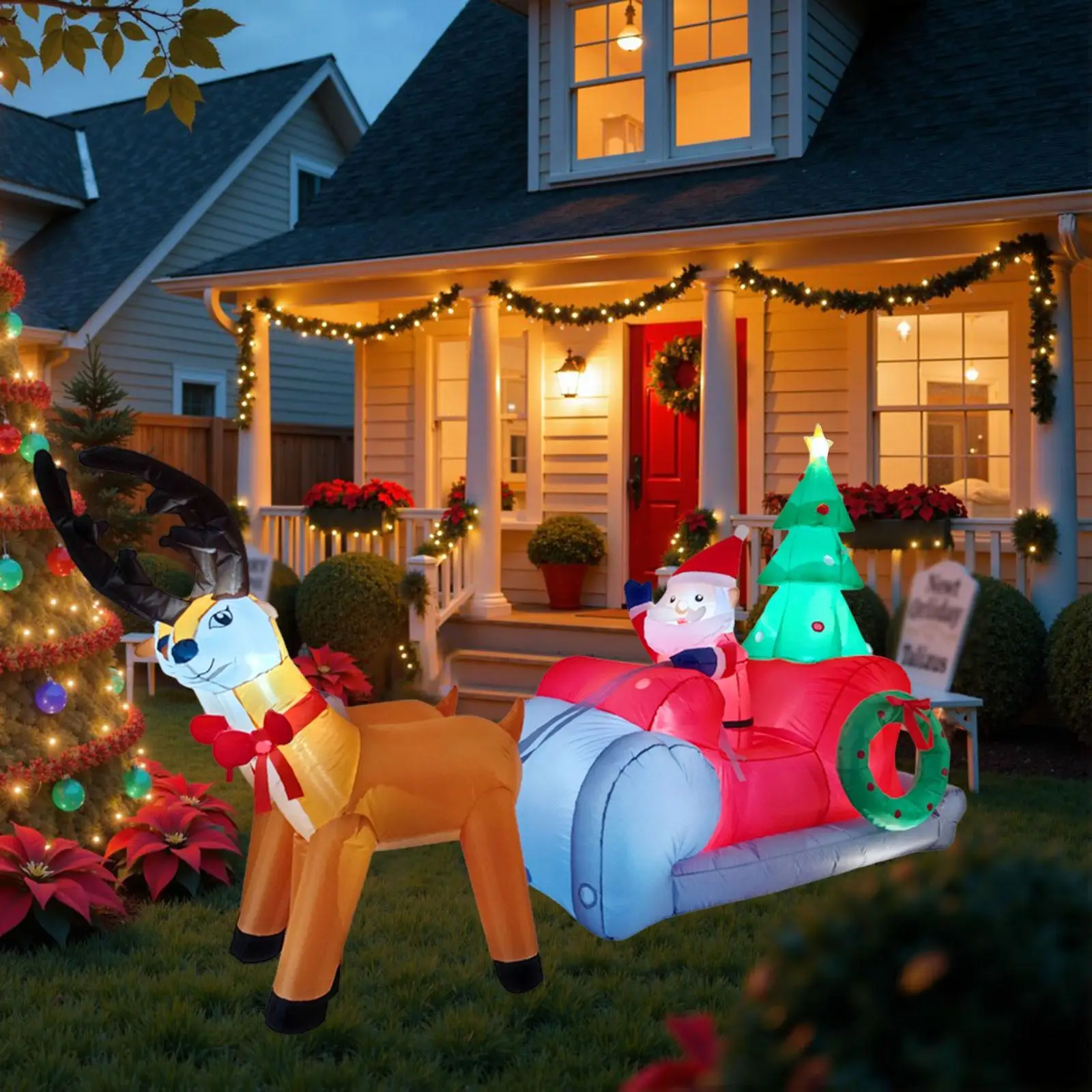 Christmas Inflatable Santa Sleigh Yard Decor LED Lighted Polyester Weatherproof Ornament for Outdoor Holiday Lawn Party