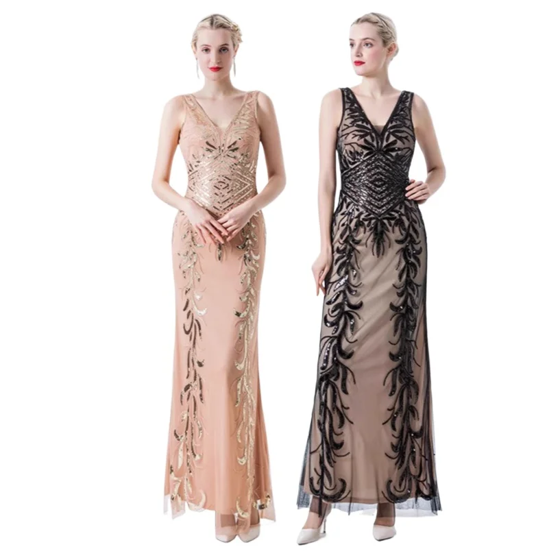 

Sexy Double V-neck Sleeveless Sequined Mesh Long Formal Evening Dress