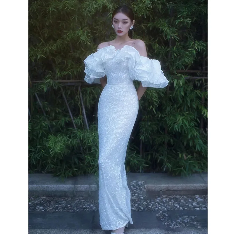 فستان سهرة مثير بترتر أسود أنيق رسمي أبيض للحفلات الراقصة فساتين طويلة للحفلات الصيفية للنساء 2025 فساتين ماكسي ضيقة