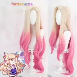 LOL KDA Baddest Ahri Cosplay Wig 100cm Long Blonde Pink Wavy with Ear Hairpin Synthetic Hair Role Play Halloween Costume Party