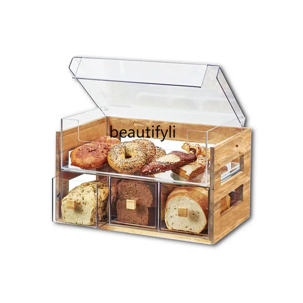 yj Acrylic Wooden Bread Display Drawer Box Multi-Functional Shopping Mall Supermarket Food Display Dustproof and Waterproof