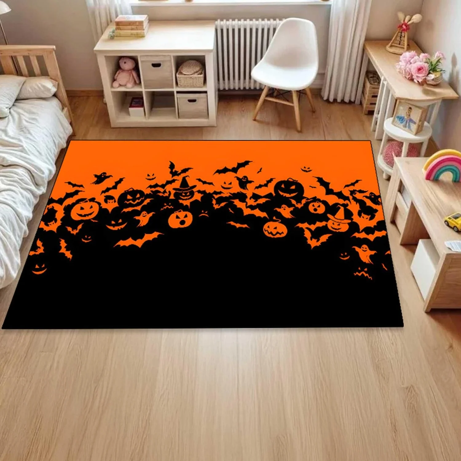 Halloween Carpet, Halloween Area Rug, Orange and Black Pumpkin and Bat Carpet, Spooky Autumn Decorative Carpet, Haunted House Carpet, Trick-Or-Treat Carpet, Halloween.