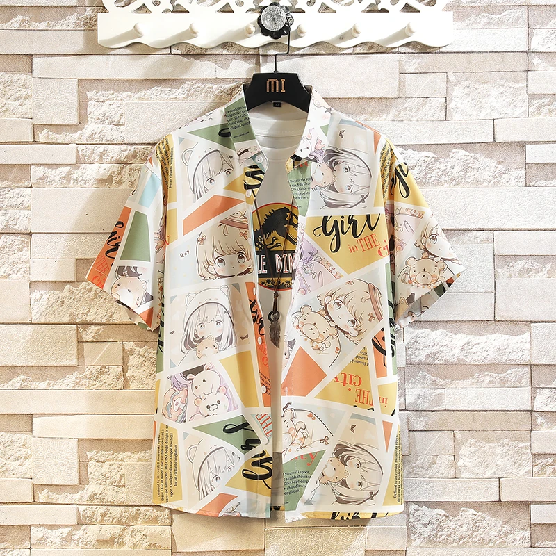 

Summer Cartoon Print Men Shirt Streetwear Beach Casual Short Sleeved Men's Hawaiian Shirts Large Size Button Up Floral Blouse