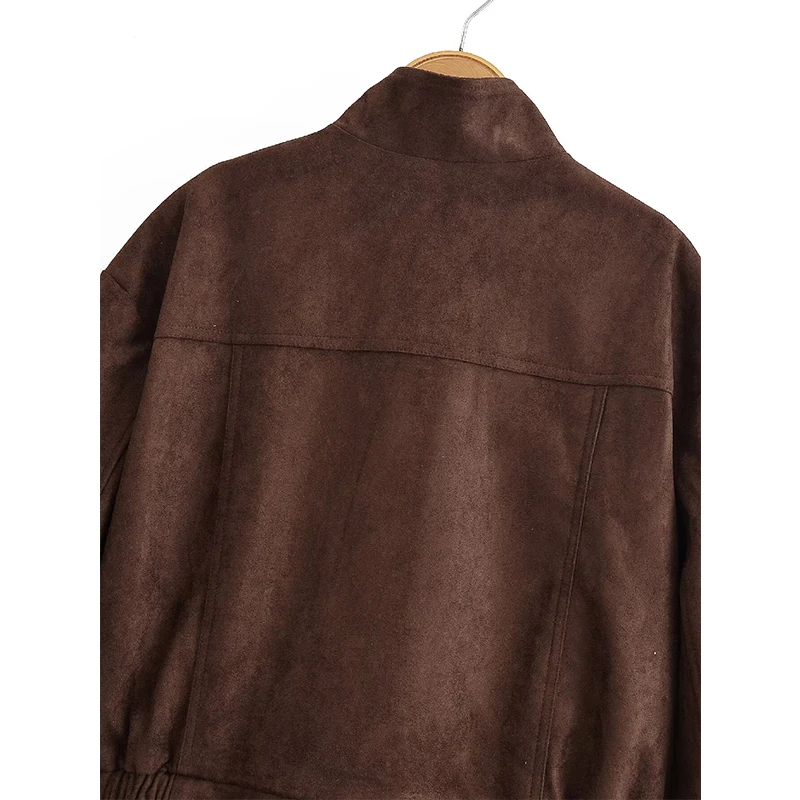 YENKYE Faux Suède Bomberjack Voor Vrouwen Lange Mouw Hoge Hals Met Zakken Jas Herfst Winter Warme Korte Outfits