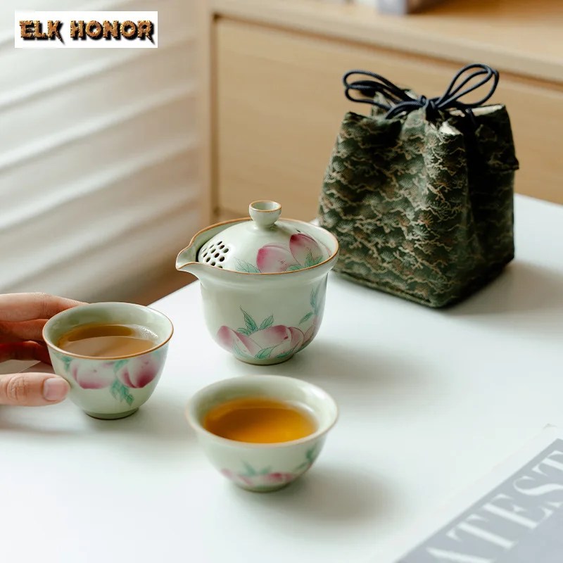 Ru Kiln Painted Longevity Peach Tea Set Kit Luxury 1 Pot 2 Cups Tea Maker Outdoor Travel Tea Set Portable Organizer Tea Set Gift