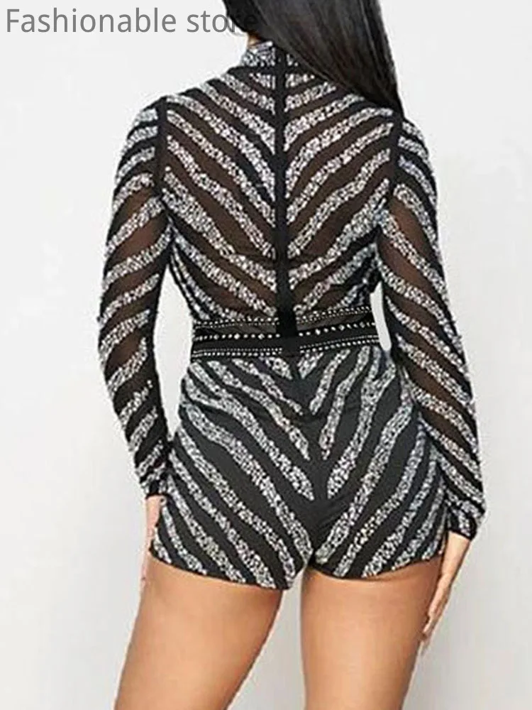 Women Sexy Romper Half High Collar Rhinestone Detail Mesh Long Sleeve Straight Playsuits