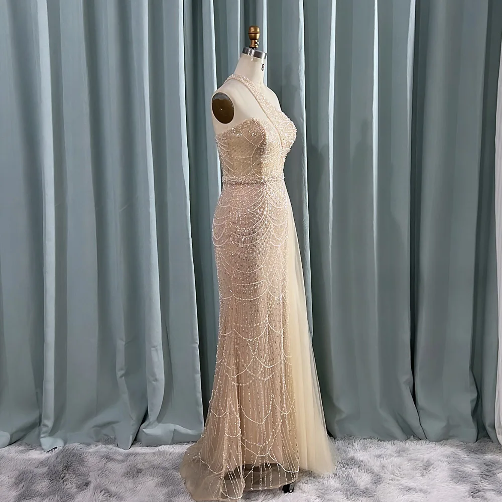 YQLNNE One Shoulder Nude Evening Dress Long Mermaid Tulle Pearls Beaded Formal Prom Party Gown