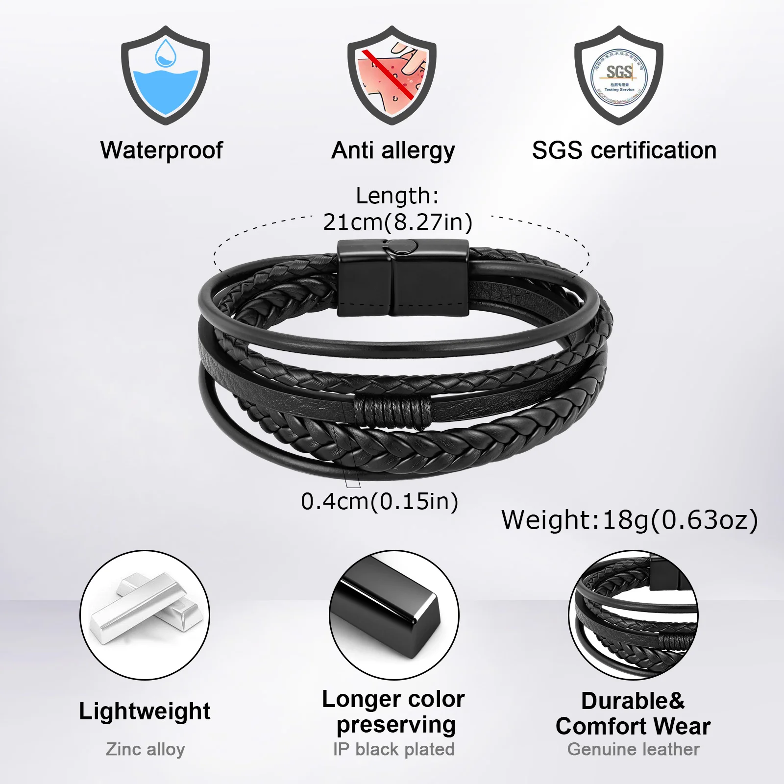 Vnox Herren Lederarmband, mehrschichtig geflochten, mit Magnetverschluss, Vintage-Punk-Stil, handgefertigter Modeschmuck, Geschenk für den täglichen Gebrauch. – Detail 5