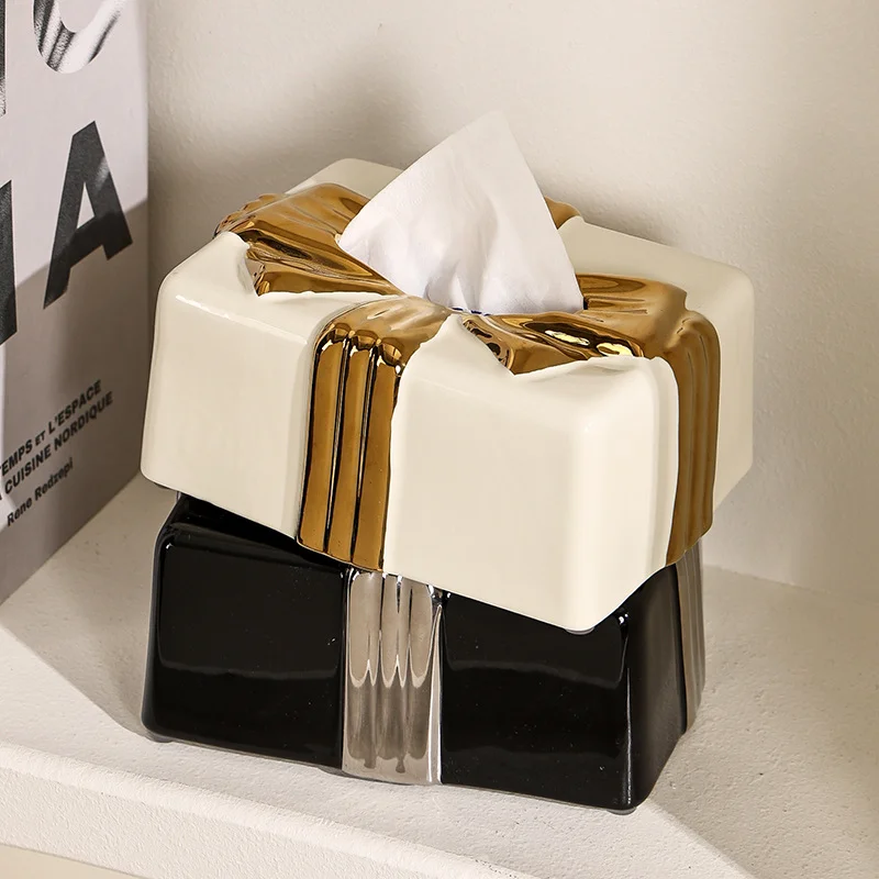 Beige Ceramic Tissue Box Creative Etiquette Pattern Butterfly Festival Paper Box Porcelain Paper Drawer Home Decoration Ornament