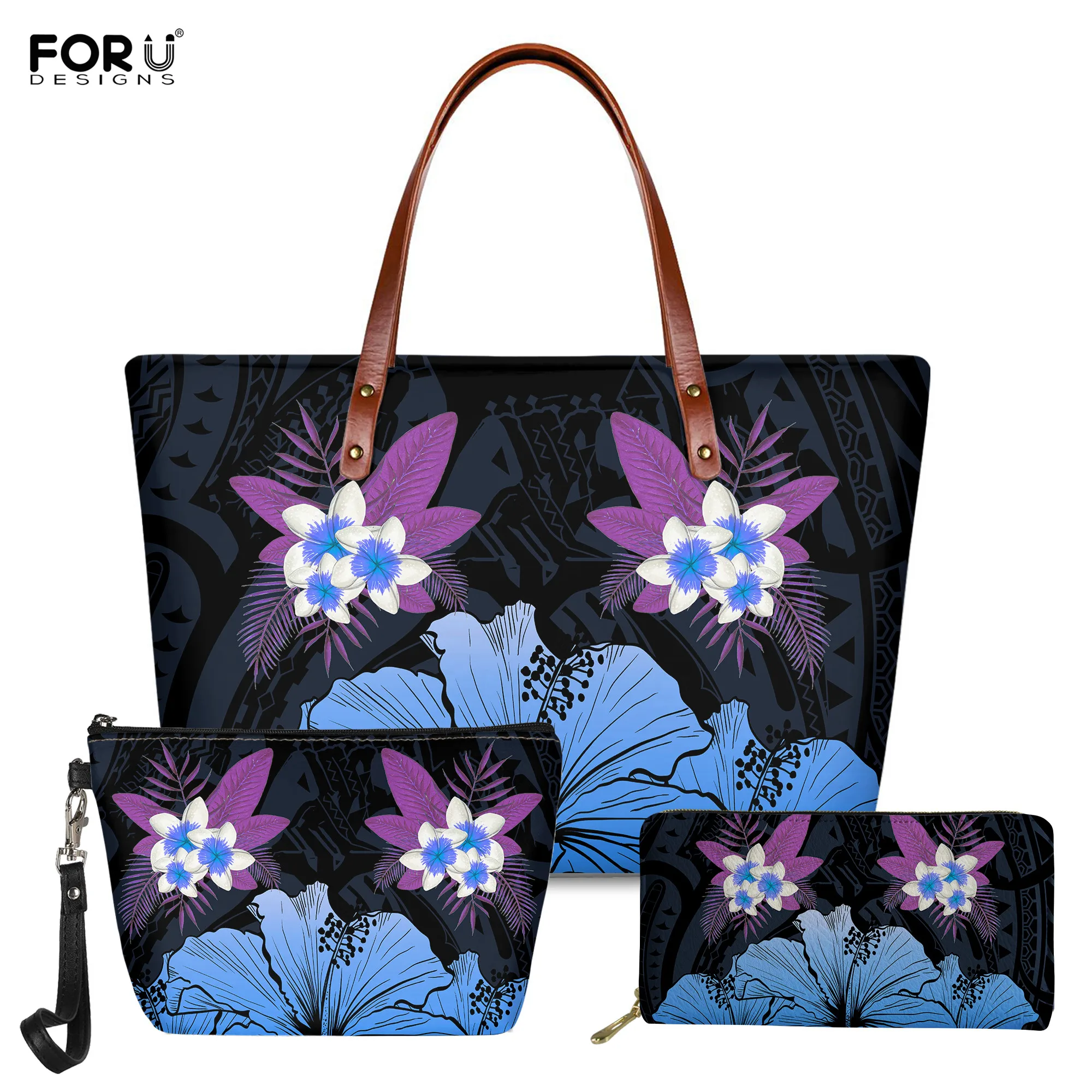 

FORUDESIGNS Women's Travel Leather Zipper Bags Polynesian Hibiscus Pattern 3pcs/Set Tote Travel Bag Handbag and Wallet for Lady