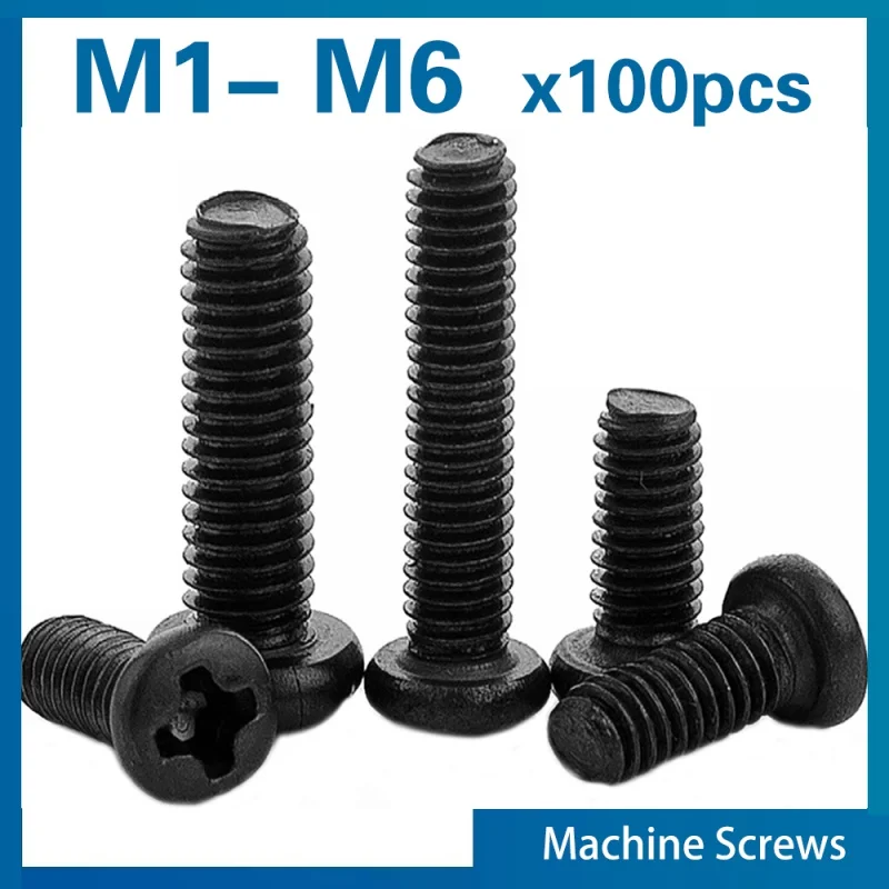 100pcs/lot Recessed Pan Screw M1 M1.2 M1.6 M2 M2.5 M3 M4 M6 Carbon Steel Black Phillips Machine Screw Grade 4.8