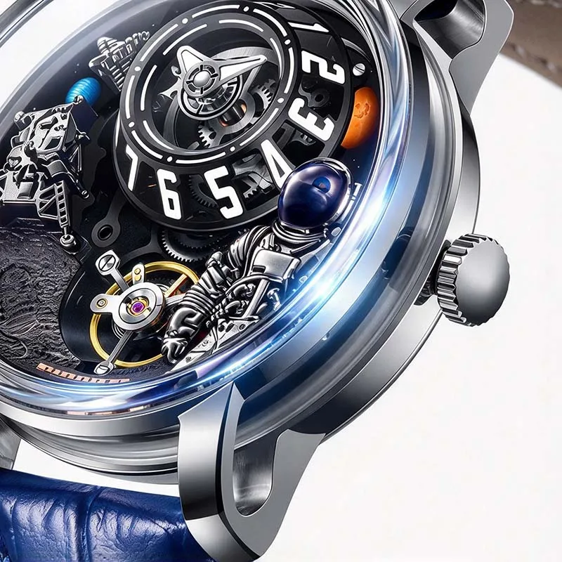 PINDU Men Automatic Mechanical Watch 3D Astronaut Space Wristwatch Transparent Case Luminous Leather Strap Luxury Mens Watches