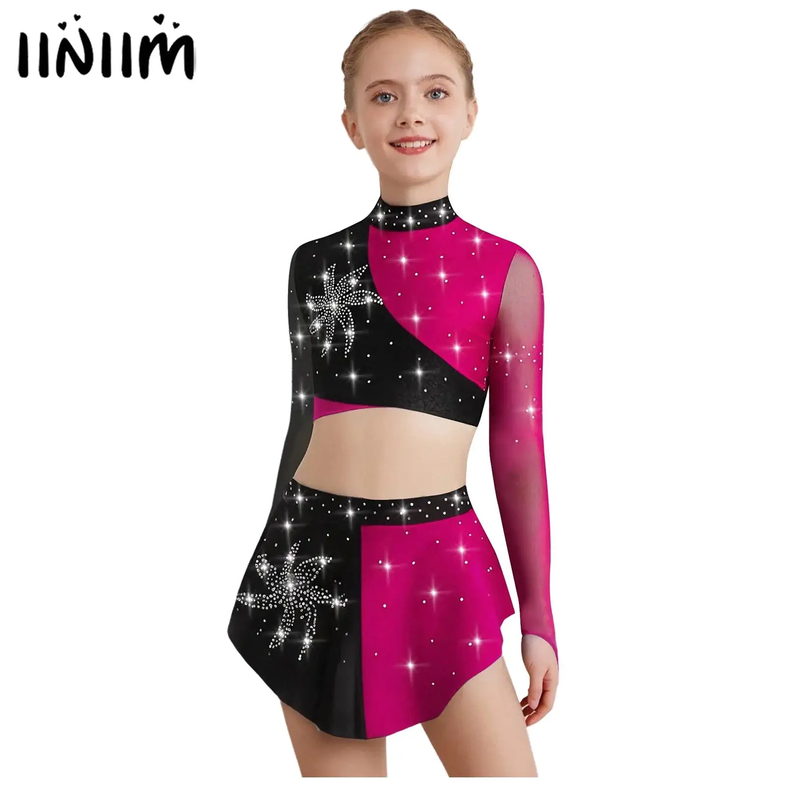 أطفال بنات لامعة الراين الجمباز الشكل التزلج الباليه الرقص الغنائي ملابس المحاصيل الأعلى مع التنانير أداء زي #1