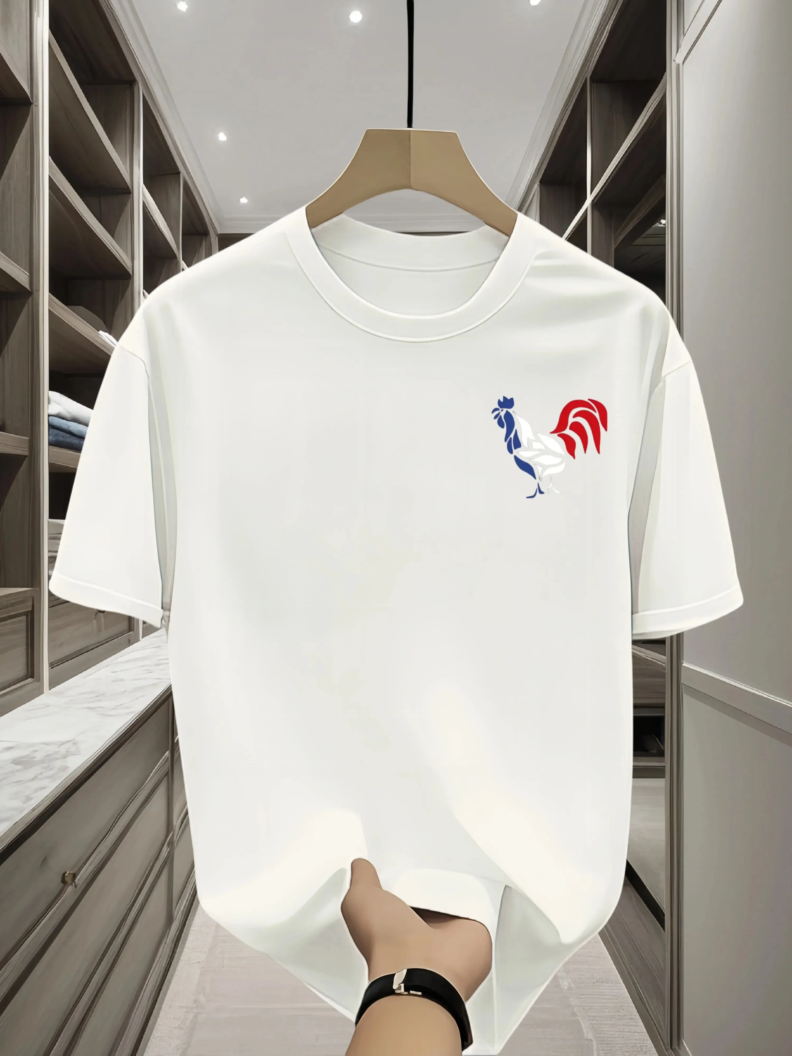 

Men'S 100% Cotton Crew Neck T-Shirt with Blue, White, and Red Rooster Design - Casual Comfortable Short Sleeve Tee for All Seaso