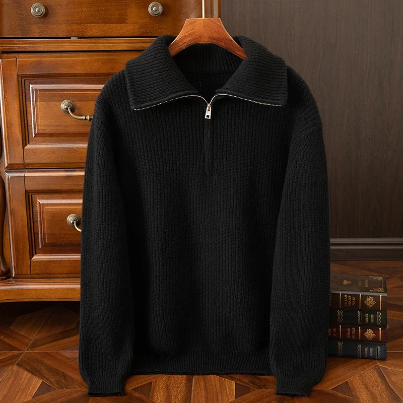 Men's Monochromatic 100%Cashmere Sweater with Zipper, Knitted, Spring and Autumn, New Collection, Middle-aged and Young Men's Lo