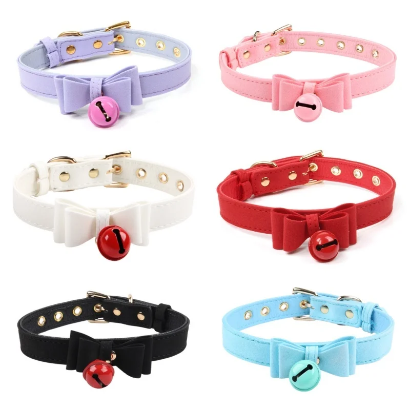 6 Kleuren Handgemaakte Sexy Boog Metalen Bel Pu Lederen Kraag Choker Slave Kostuum Bdsm Bondage Ketting Nekband Seksspeeltjes Voor Vrouwen