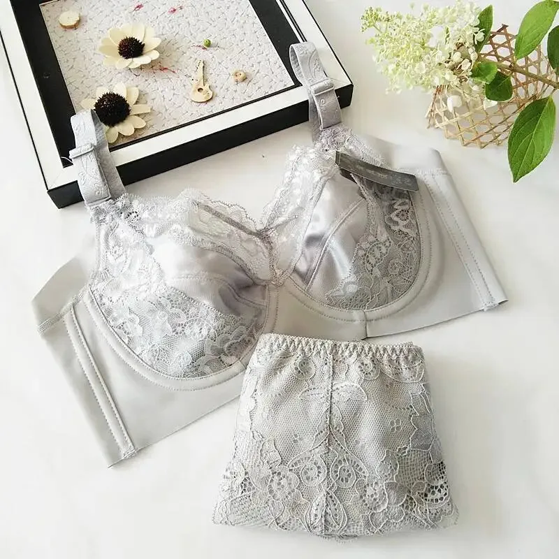 

Кружевной бюстгальтер и трусики с эффектом пуш-ап, одежда больших размеров, комплект нижнего белья, бюстгальтеры для женщин, нижнее белье B C D E F Cup, серый, черный, 75 80 85