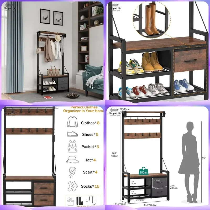 Modern Metal Coat Rack with Shoe Storage and Drawers Multi Layer Entryway Hall Tree Stand Clothes Hanger Organizer for Living