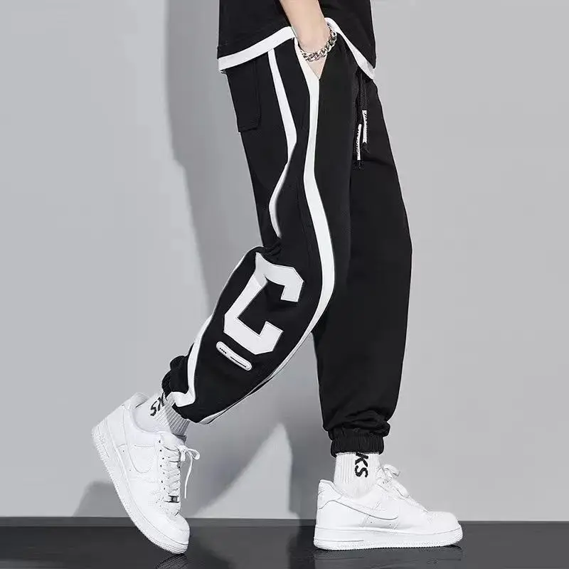 Korean Autumn Winter Fashion Casual Sports Pants Men Color Blocking Digital Pocket Patchwork Drawstring Fleece Straight Trousers