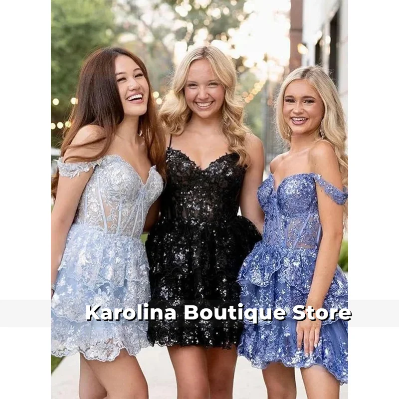 

Блестящее тюлевое многоярусное платье для встречи выпускников для подростков, короткое коктейльное платье с открытыми плечами, корсет, торжественное мини-платье для выпускного вечера