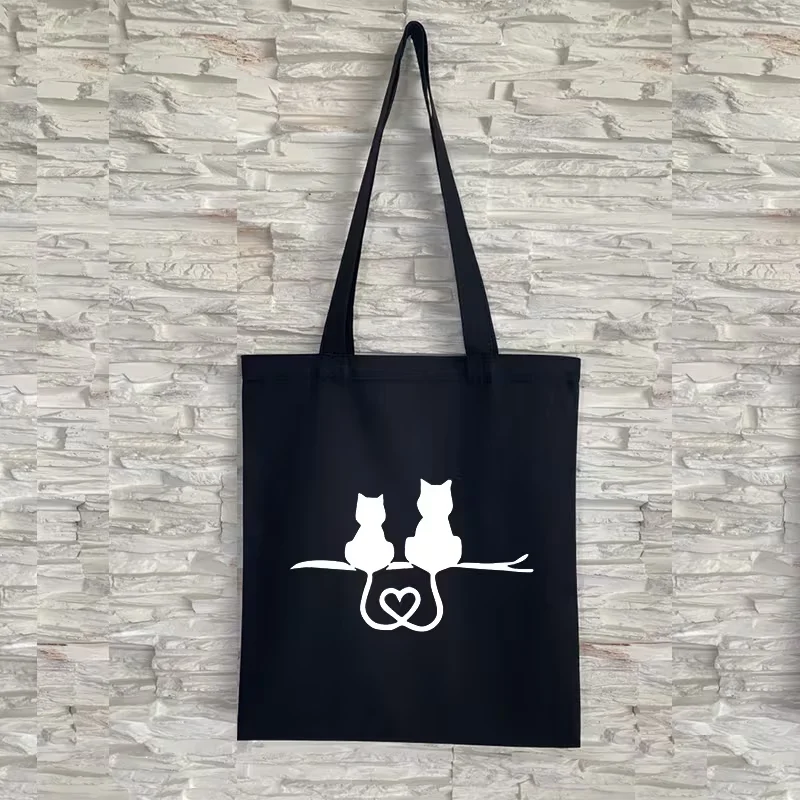 Funny Cat Tail Heart-shaped Canvas Bag,Cute Cat Black and White Canvas Bag for Shopping Commute Travel Picnics and Parties