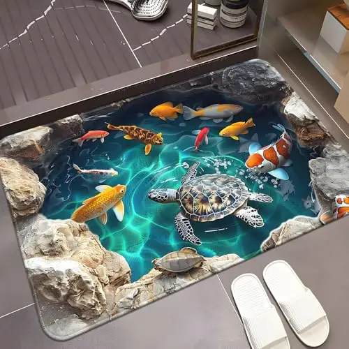 Bathroom Floor Mat 2D Optical Illusion Pond Realistic Swimming Turtle Vibrant Swimming Creatures Cracked Rock Cliffs Border
