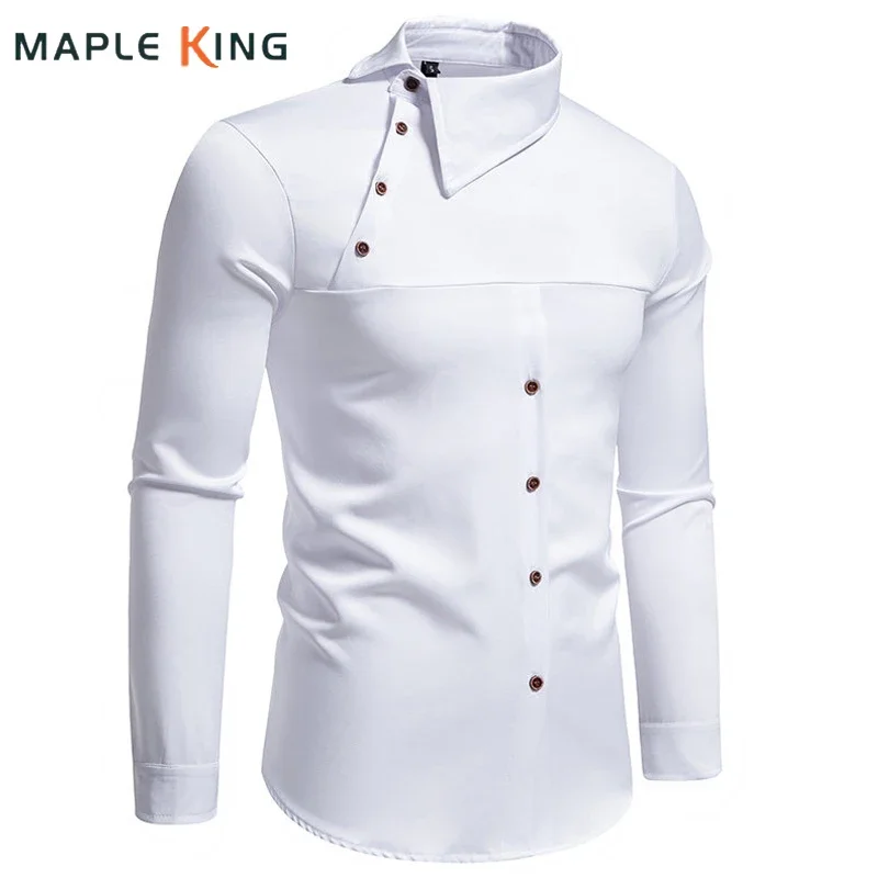 

Fashion Man Stand Collar Shirt 2024 Personality Oblique Button Irregular Long Sleeve Business Festival Hombre Mens Dress Shirts