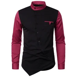 New Men's Personalized Shirt with Diagonal Buttons and Irregular Contrasting Color Henry Collar High-end Shirt African Shirt