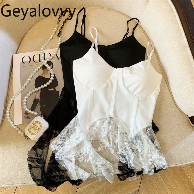 

Lady Camisole Summer French Style Black Vest Lace Splicing Sleeveless Top Fashion Women's Sling Irregular Tube Top Femme