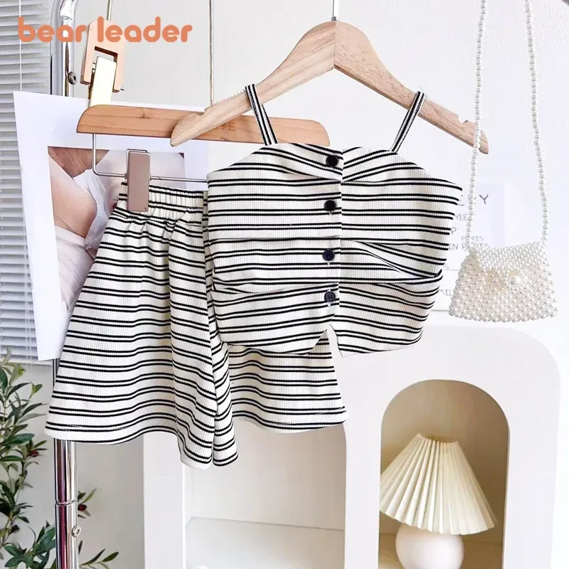 Bear Leader Summer New Black and White Color Blocked Girls' Clothing Casual Children's Set Pleated Striped Camisole Top+Shorts