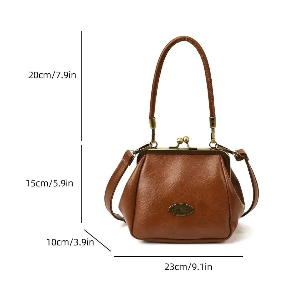 Retro Kiss Lock Umhängetasche aus PU-Leder, einfarbig, kleine Handtasche, großes Fassungsvermögen, Geldbörse mit Metallclip – Detail 1