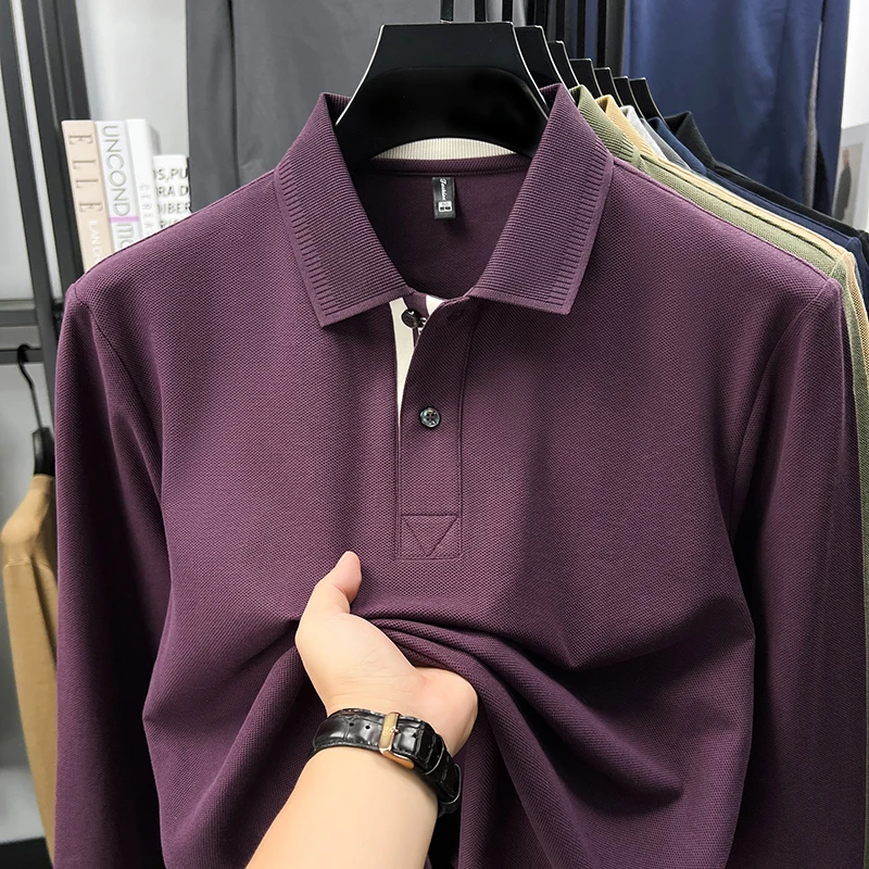 

100% cotton luxury polo shirt long sleeve men's classic simple solid color business casual spring autumn comfort premium T-shirt
