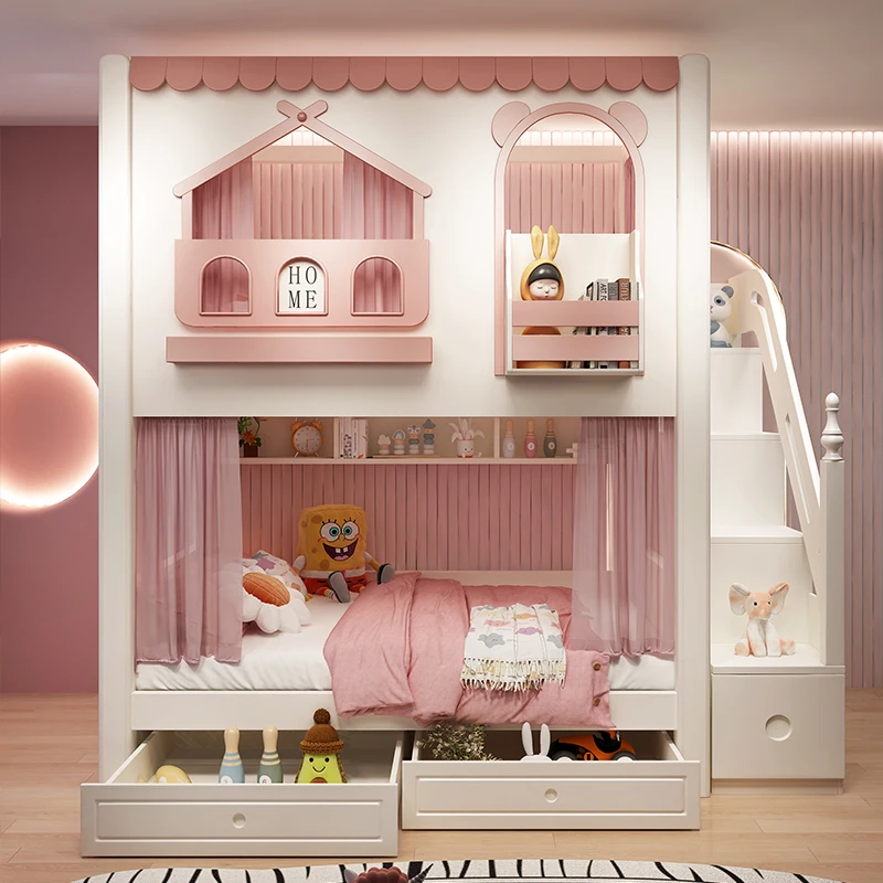 Children's Bed Tree House, Boy And Girl Bunk Bed, Upper And Lower Bunk Bed, High Guardrail, Boy And Girl Tree House Bed, High An