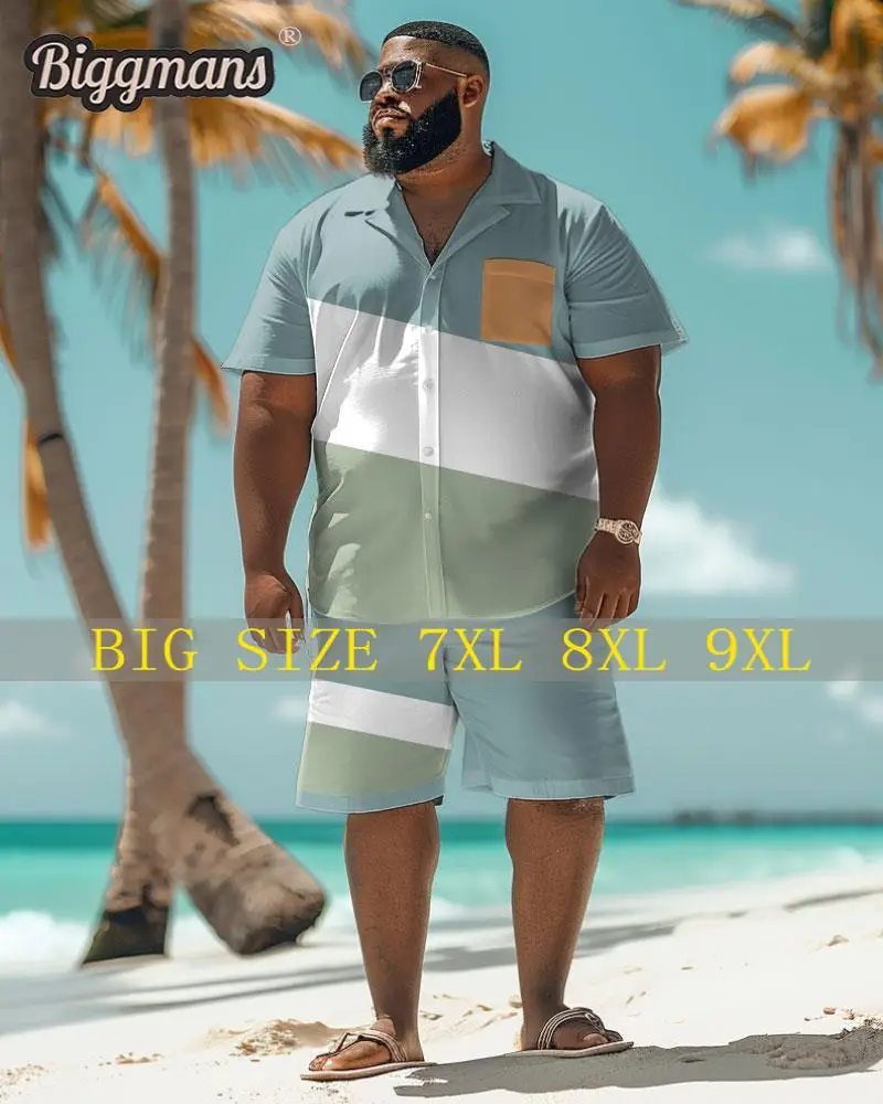 Biggmans Shirt Plus Size Set L-9Xl for Summer Beach Clothing Oversize Hawaii Suit Hawaiian Colorful Block Print Shorts 7XL 8XL