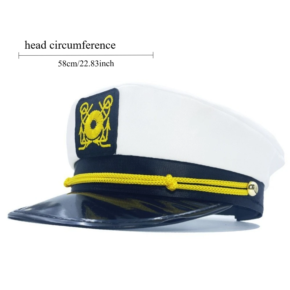 White Rolled Brim Sailor Captain Hat with Pattern Classic Headwear for Halloween Role Play
